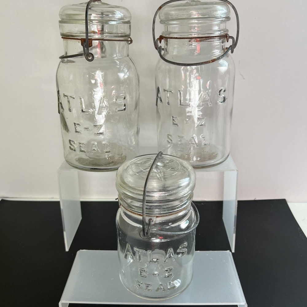 Vtg Atlas E-Z Seal 2 Quart 1 Pint Clear Mason Jars Wire Bail Glass Lid xtra wire